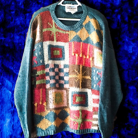 Vintage 80’s multi-colour Hand Knit Sweater XL - Picture 2 of 8